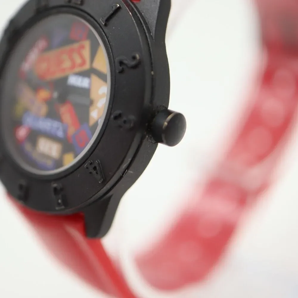 Vintage Guess Watch 30mm Women Retro Art Word Dial 1989 Red Strap w New Battery
